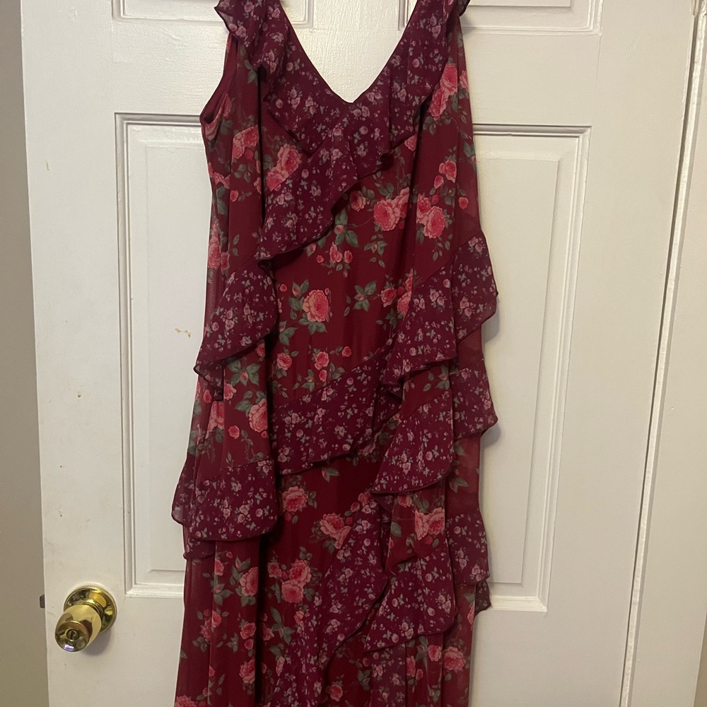 ARULA Wine Floral Ruffle Tiered Maxi Dress